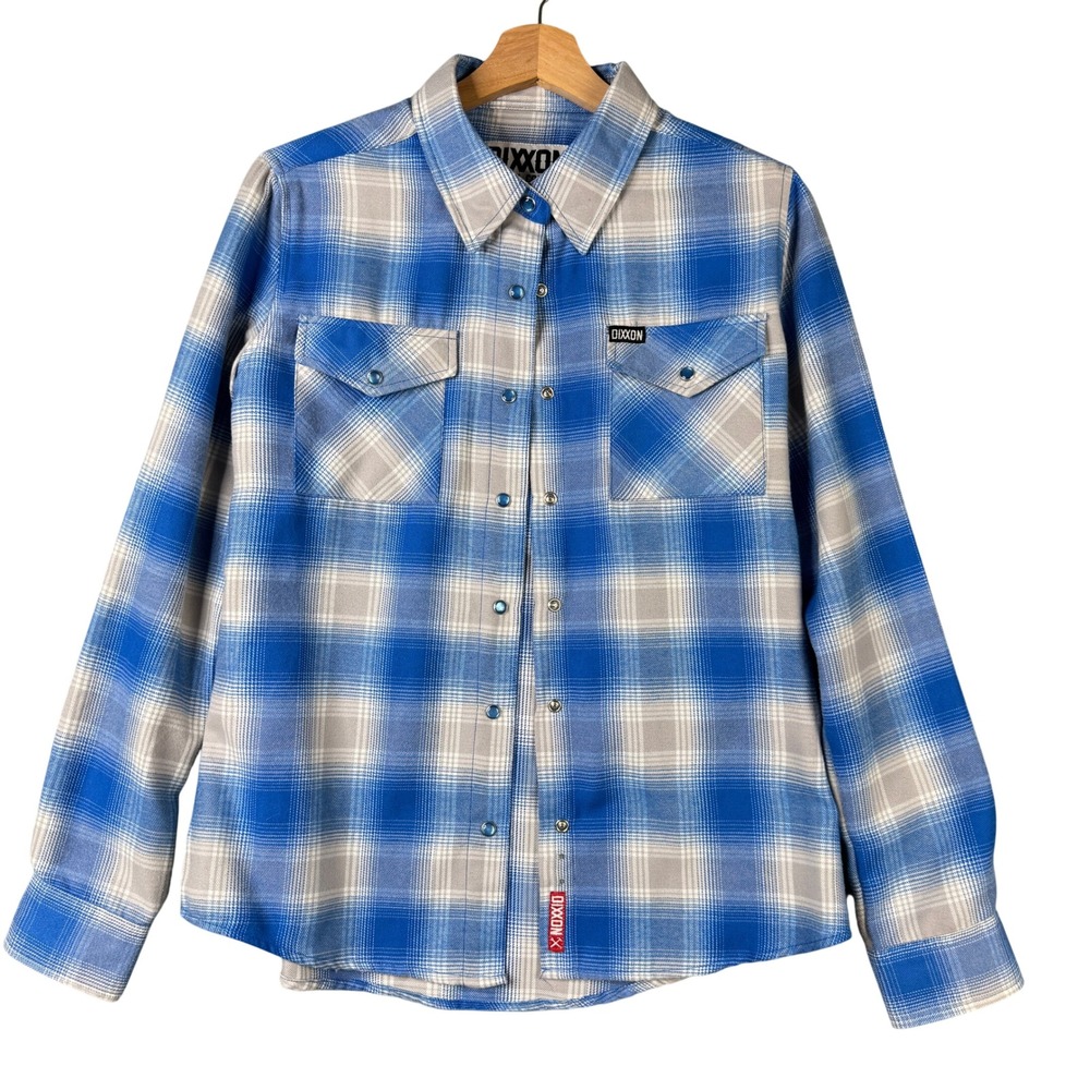 Dixxon Flannel Co The Kicker Blue Grey Plaid D-Tech Snap Front Shirt Womens M
